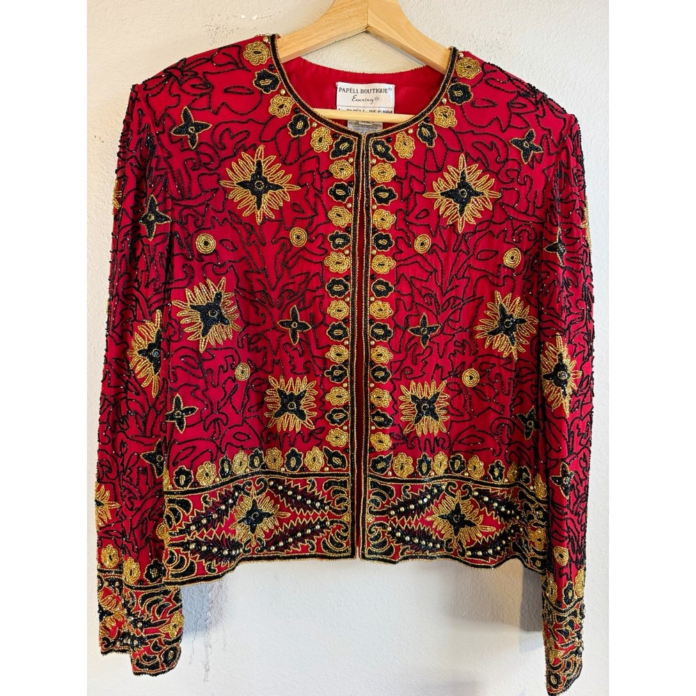 NWT Vintage 1994 Papell Boutique Evening Red Silk Beaded Jacket in size XL